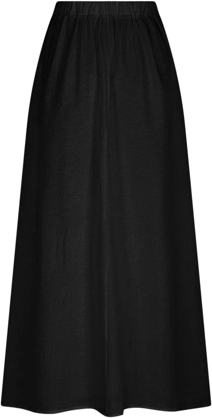 Womens High Waist Maxi Skirts Casual Loose Fit Flowy Swing Pleated A Line Long Skirts Solid Color Skirts with Pocket