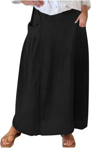 Womens High Waist Maxi Skirts Casual Loose Fit Flowy Swing Pleated A Line Long Skirts Solid Color Skirts with Pocket