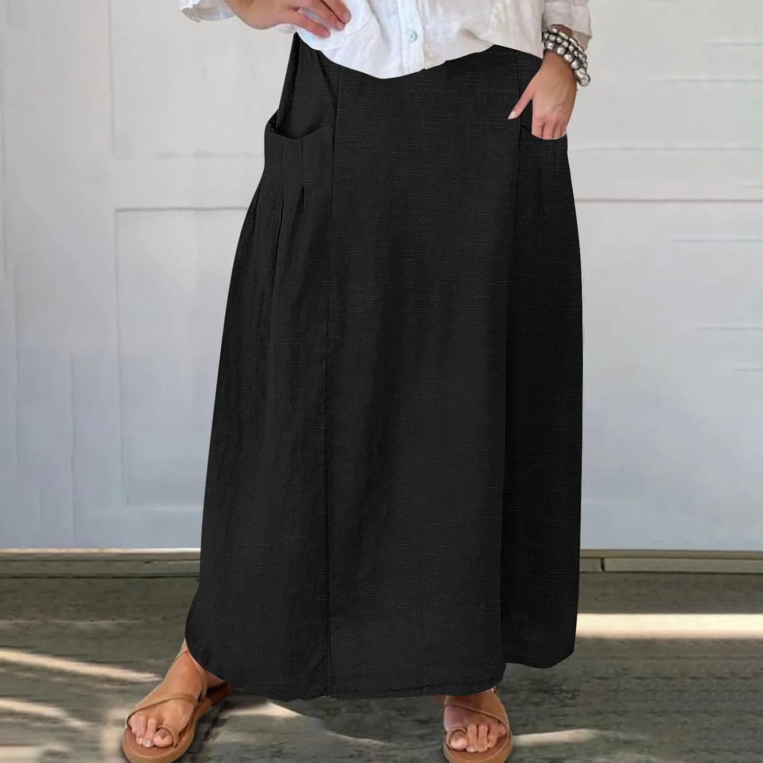 Womens High Waist Maxi Skirts Casual Loose Fit Flowy Swing Pleated A Line Long Skirts Solid Color Skirts with Pocket
