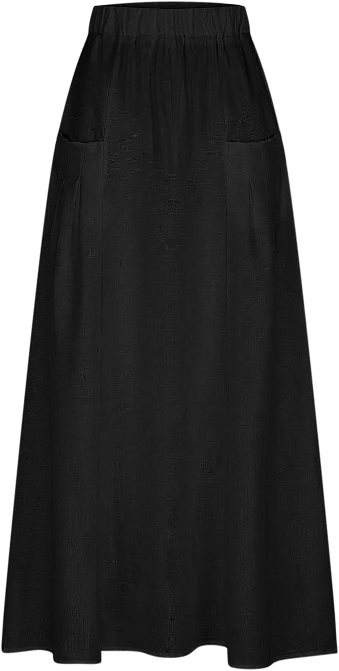 Womens High Waist Maxi Skirts Casual Loose Fit Flowy Swing Pleated A Line Long Skirts Solid Color Skirts with Pocket