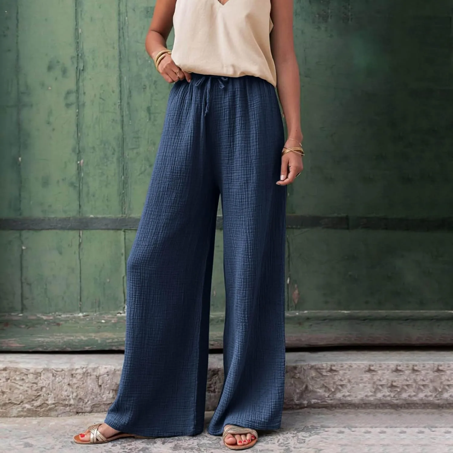 Women's High Waisted Linen Pants Wide Leg Lounge Beach Trousers Summer Casual Pant Palazzo Comfort Pants with Pockets