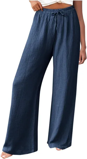 Women's High Waisted Linen Pants Wide Leg Lounge Beach Trousers Summer Casual Pant Palazzo Comfort Pants with Pockets