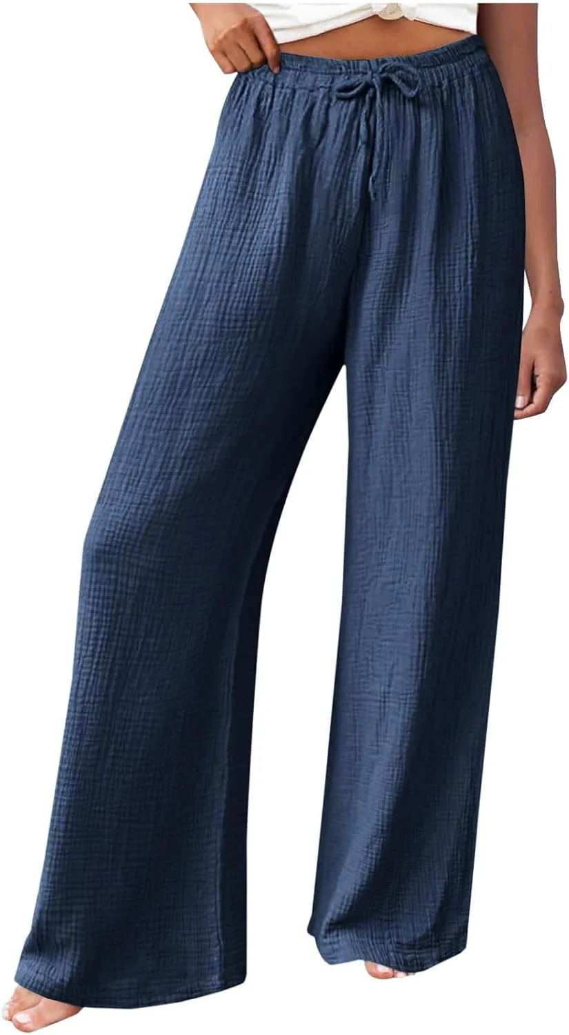 Women's High Waisted Linen Pants Wide Leg Lounge Beach Trousers Summer Casual Pant Palazzo Comfort Pants with Pockets