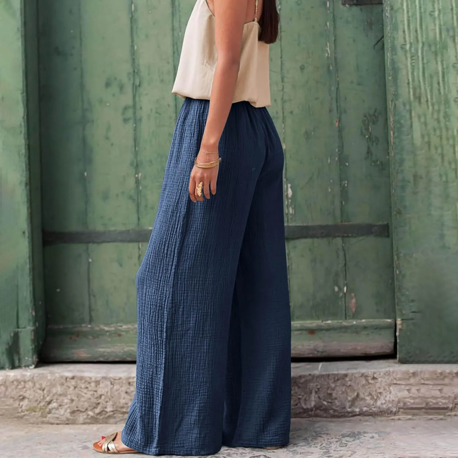 Women's High Waisted Linen Pants Wide Leg Lounge Beach Trousers Summer Casual Pant Palazzo Comfort Pants with Pockets