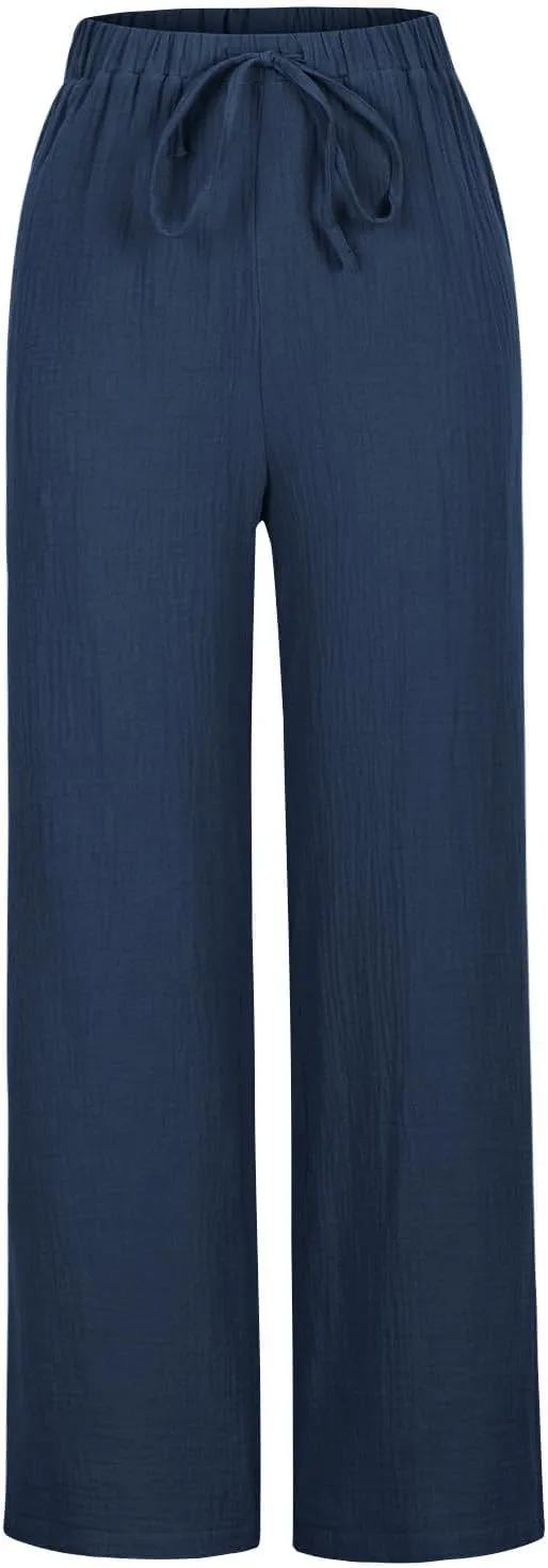 Women's High Waisted Linen Pants Wide Leg Lounge Beach Trousers Summer Casual Pant Palazzo Comfort Pants with Pockets