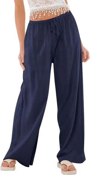 Women's High Waisted Wide Leg Pants Cotton Linen Summer Palazzo Flowy Beach Trousers with Pockets