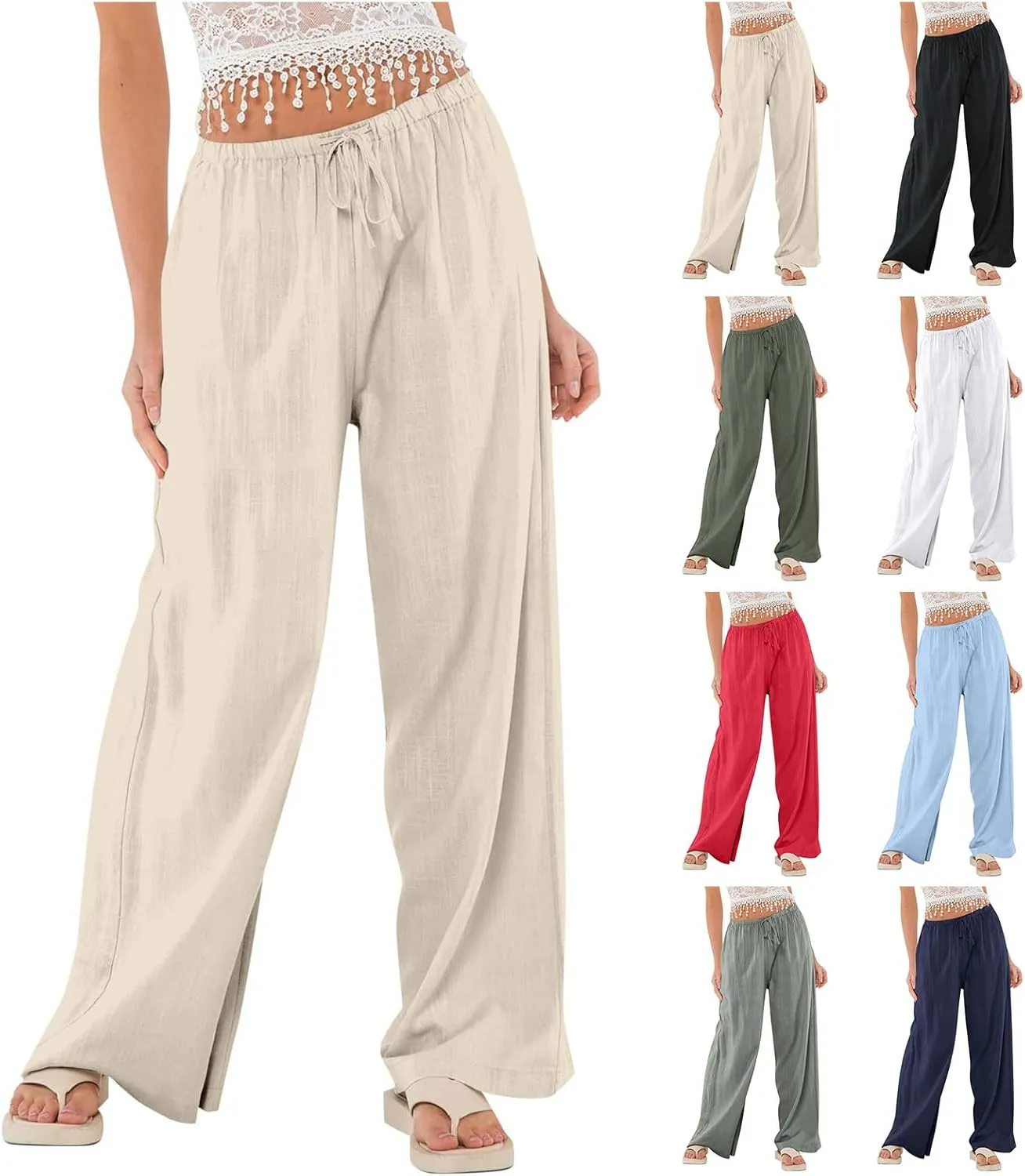 Women's High Waisted Wide Leg Pants Cotton Linen Summer Palazzo Flowy Beach Trousers with Pockets