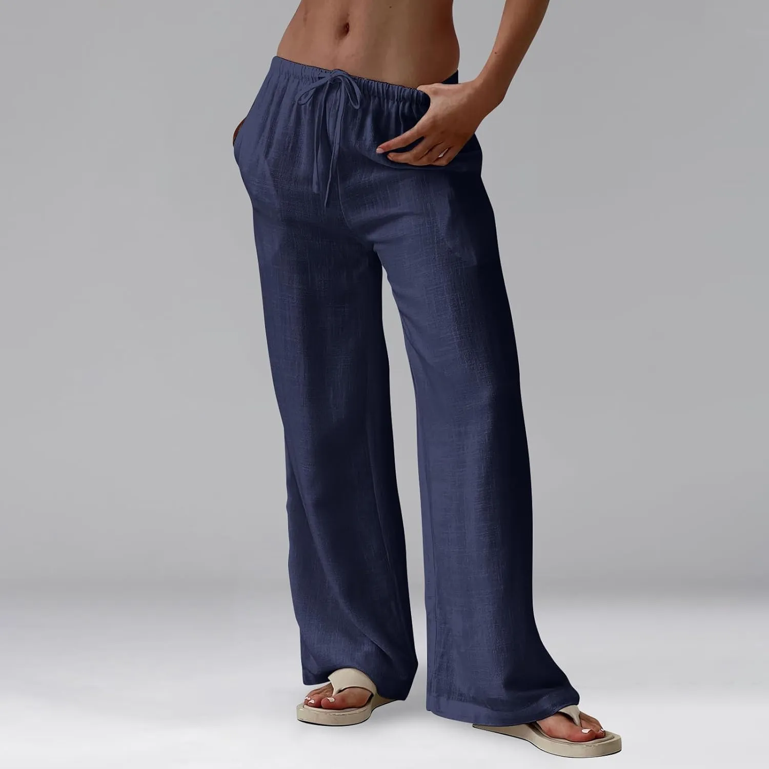 Women's High Waisted Wide Leg Pants Cotton Linen Summer Palazzo Flowy Beach Trousers with Pockets