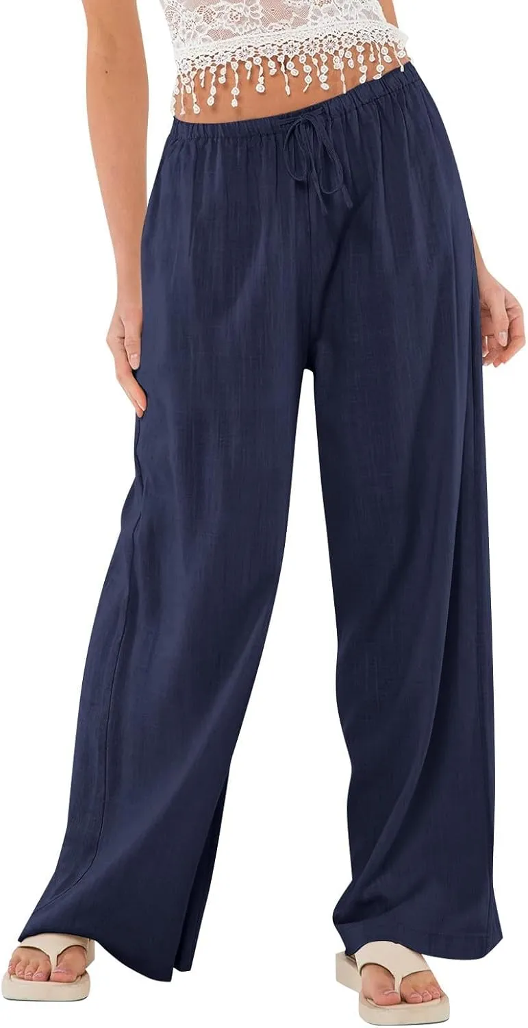 Women's High Waisted Wide Leg Pants Cotton Linen Summer Palazzo Flowy Beach Trousers with Pockets