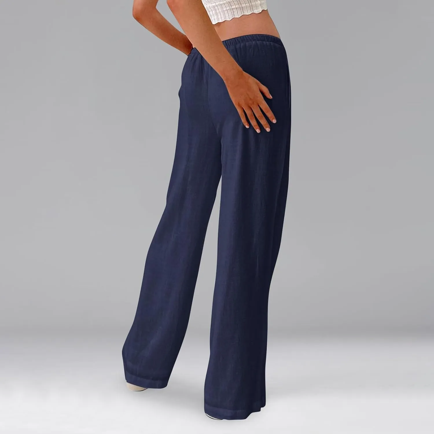 Women's High Waisted Wide Leg Pants Cotton Linen Summer Palazzo Flowy Beach Trousers with Pockets