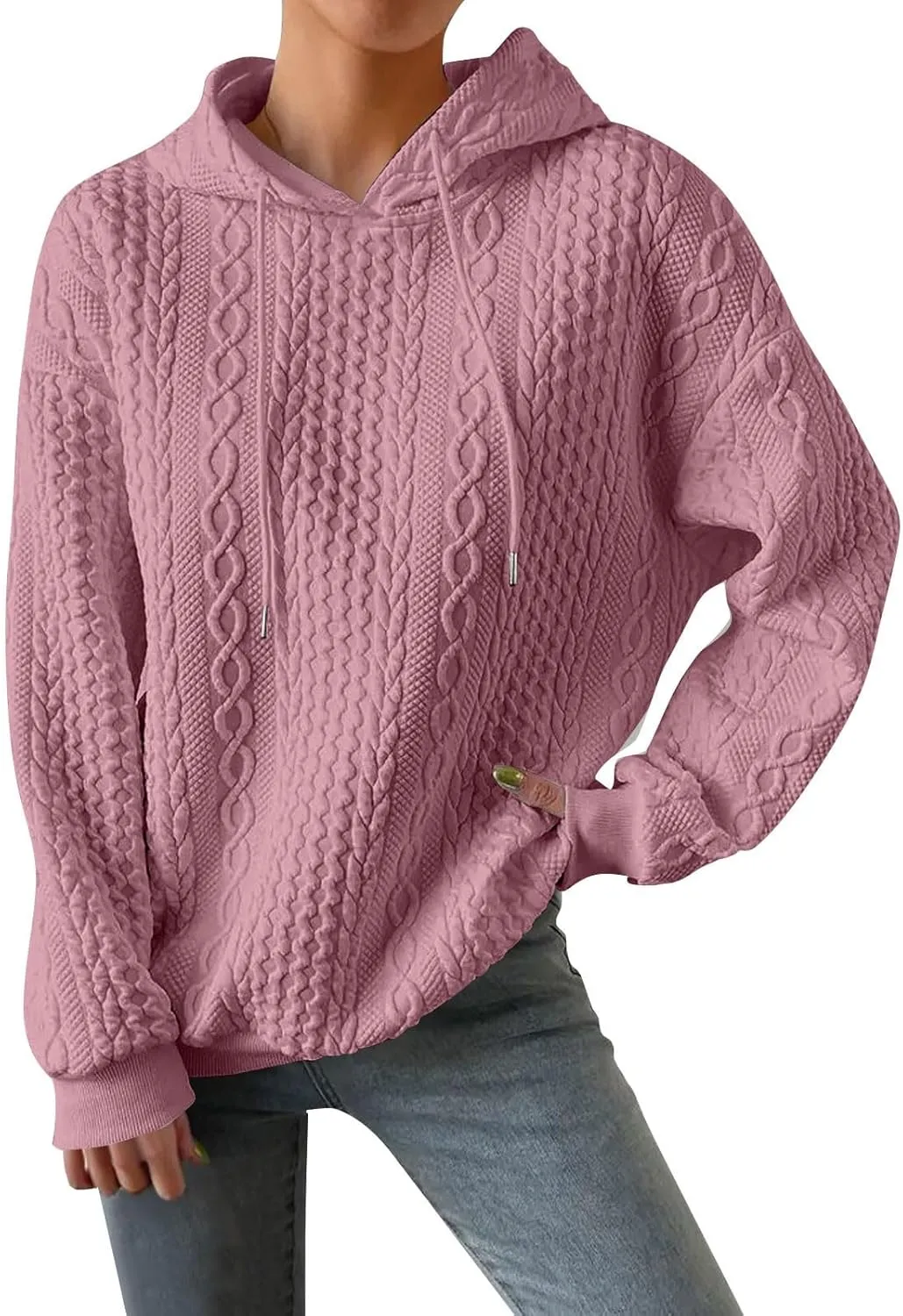 Womens Hoodies Cable Knitted Long Sleeve Drawstring Pullover Tops Loose Hooded Sweatshirt
