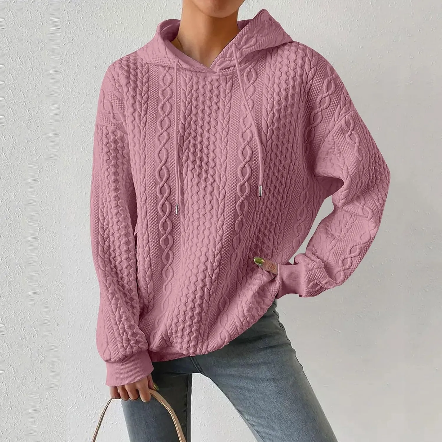 Womens Hoodies Cable Knitted Long Sleeve Drawstring Pullover Tops Loose Hooded Sweatshirt