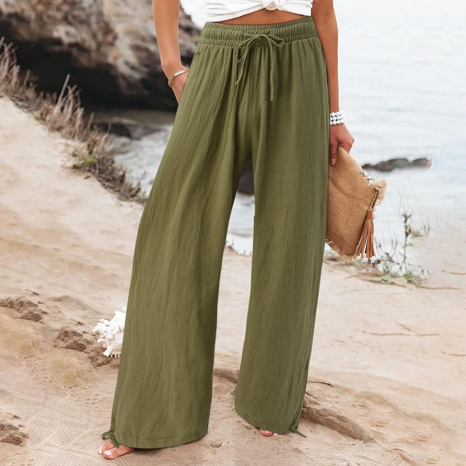 Women's Linen Blend Summer Boho Palazzo Pants Low Waist Lounge Pants Slim Fit Palazzo Lounge Pants Vacation