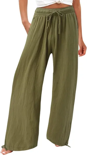 Women's Linen Blend Summer Boho Palazzo Pants Low Waist Lounge Pants Slim Fit Palazzo Lounge Pants Vacation