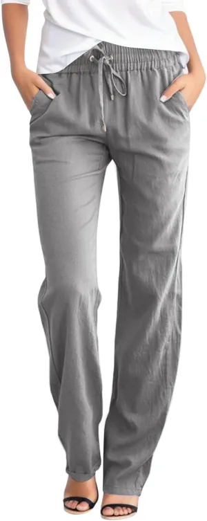 Women's Linen Blend Summer Boho Pant Trousers Elastic Waist Bootcut Slim Fit Pant Trousers Vacation