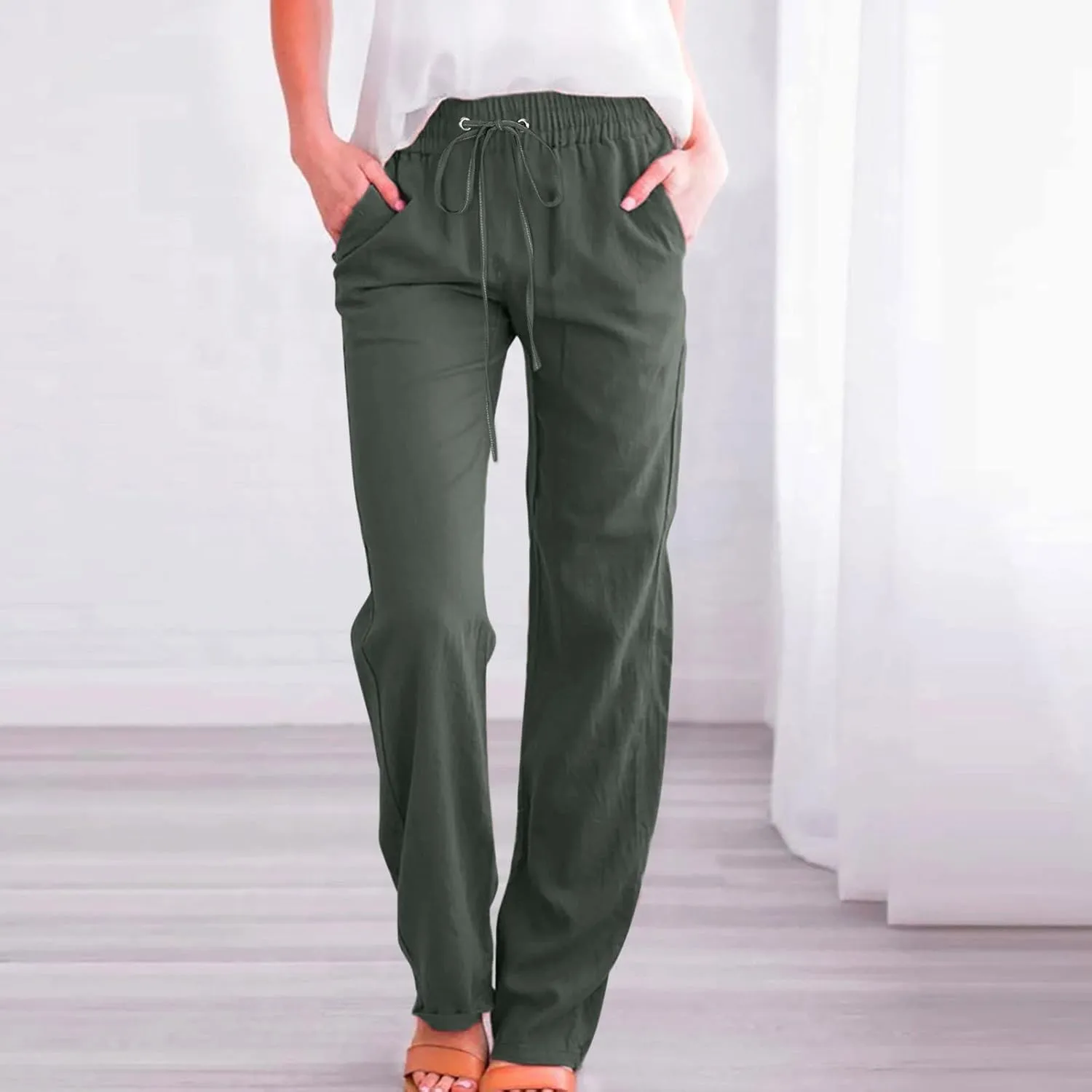 Women's Linen Blend Summer Comfy Palazzo Pants Low Waist Long Lounge Plus Size Palazzo Lounge Pants Office