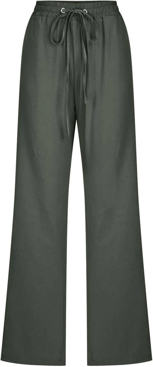 Women's Linen Blend Summer Comfy Palazzo Pants Low Waist Long Lounge Plus Size Palazzo Lounge Pants Office