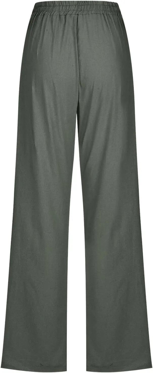 Women's Linen Blend Summer Comfy Palazzo Pants Low Waist Long Lounge Plus Size Palazzo Lounge Pants Office