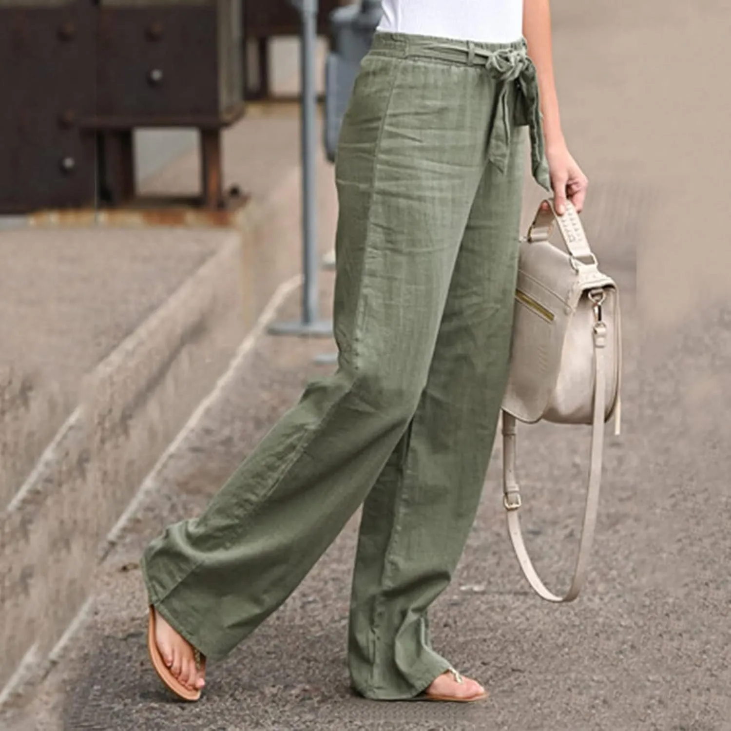 Women's Linen Blend Summer Print Pant Trousers Elastic Waist Wide Leg Slim-Fit Palazzo Lounge Pants Travel