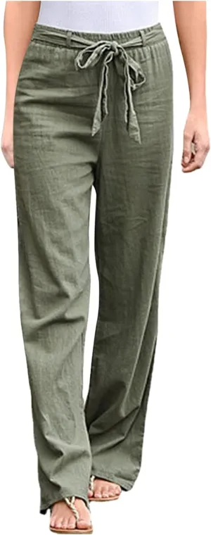 Women's Linen Blend Summer Print Pant Trousers Elastic Waist Wide Leg Slim-Fit Palazzo Lounge Pants Travel
