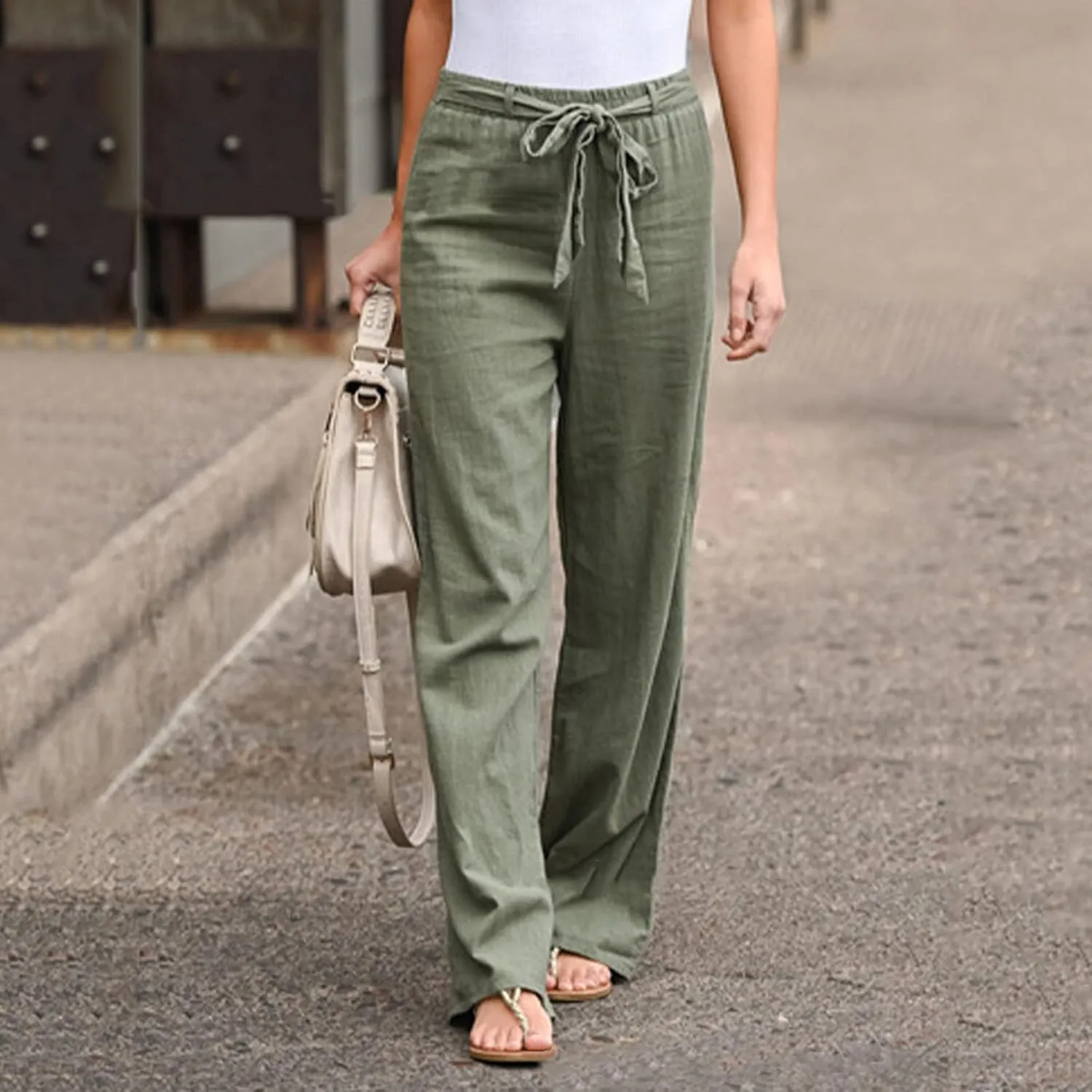Women's Linen Blend Summer Print Pant Trousers Elastic Waist Wide Leg Slim-Fit Palazzo Lounge Pants Travel