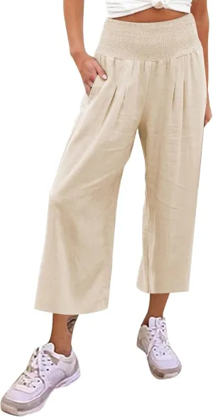 Womens Linen Blend Summer Split Flowy Pant Trousers Elastic Waist Long Lounge Loose Fit Palazzo Lounge Pants Office
