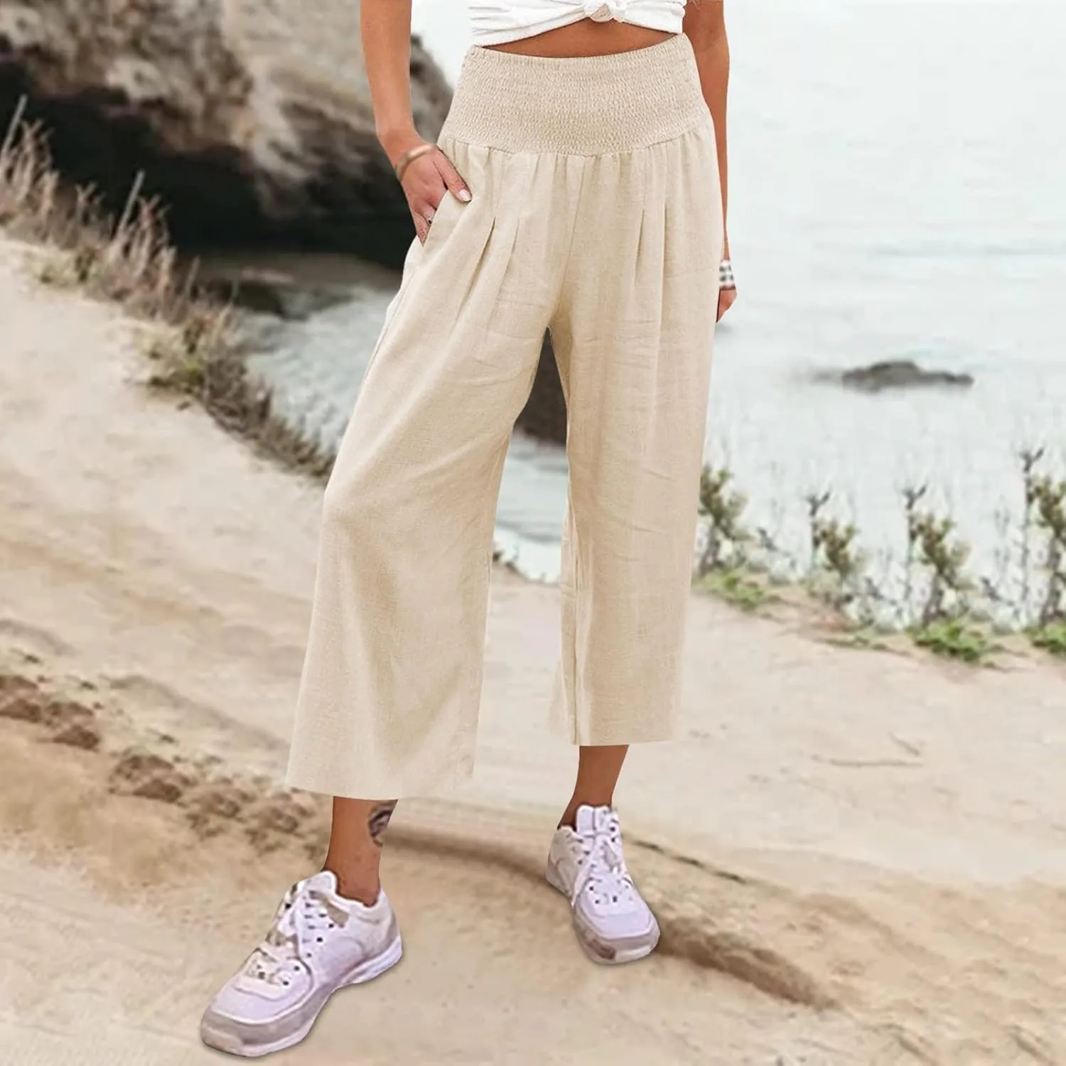 Womens Linen Blend Summer Split Flowy Pant Trousers Elastic Waist Long Lounge Loose Fit Palazzo Lounge Pants Office