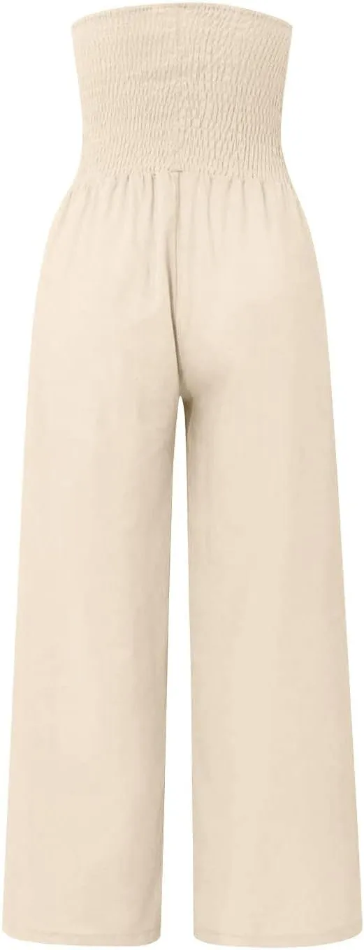 Womens Linen Blend Summer Split Flowy Pant Trousers Elastic Waist Long Lounge Loose Fit Palazzo Lounge Pants Office