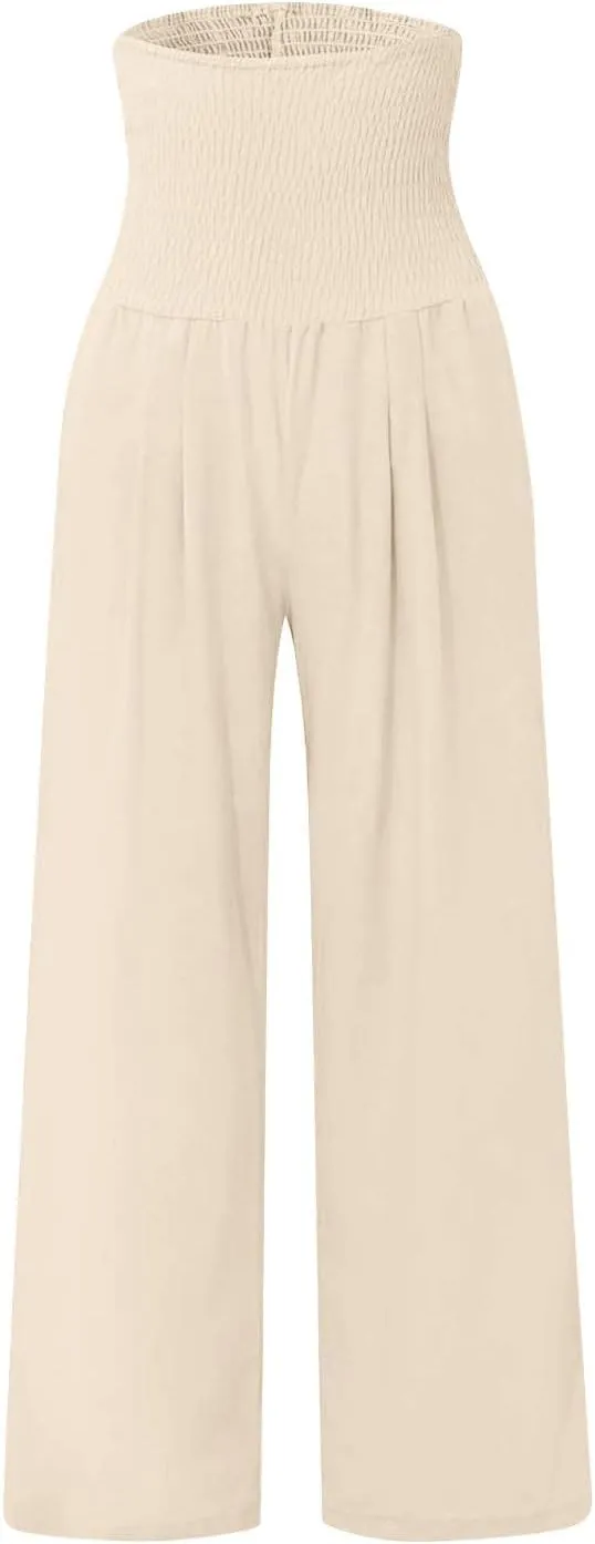 Womens Linen Blend Summer Split Flowy Pant Trousers Elastic Waist Long Lounge Loose Fit Palazzo Lounge Pants Office