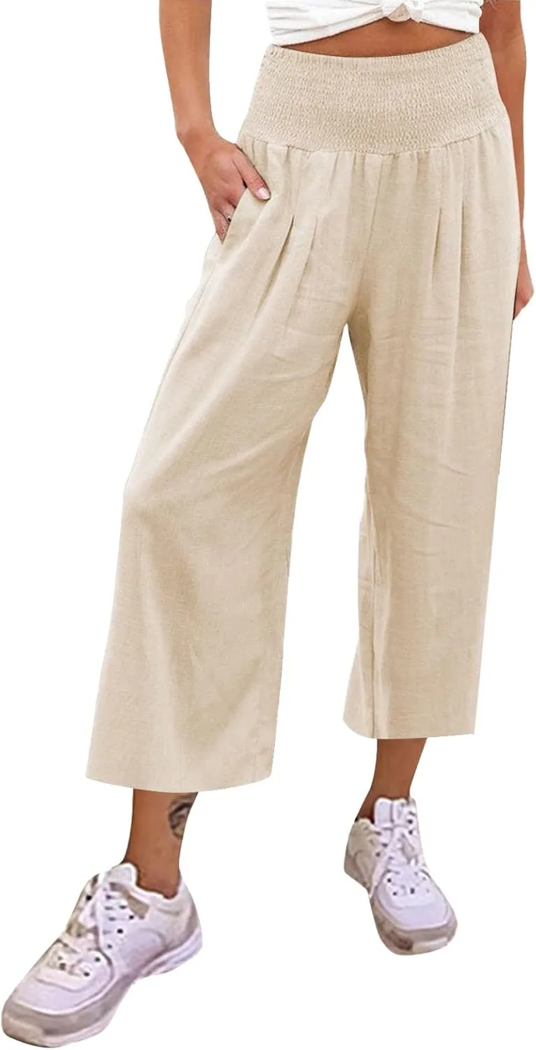 Womens Linen Blend Summer Split Flowy Pant Trousers Elastic Waist Long Lounge Loose Fit Palazzo Lounge Pants Office