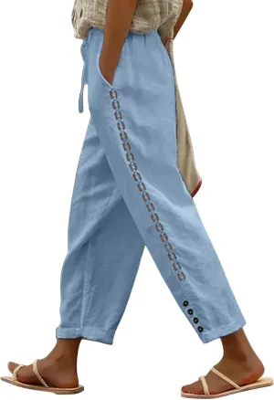 Women's Linen Blend Summer Split Flowy Pant Trousers High Waist Lounge Pants Slim-Fit Pant Trousers Vacation