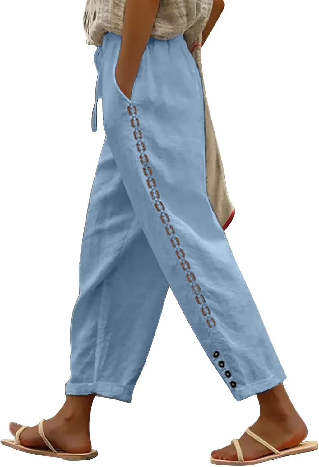Women's Linen Blend Summer Split Flowy Pant Trousers High Waist Lounge Pants Slim-Fit Pant Trousers Vacation