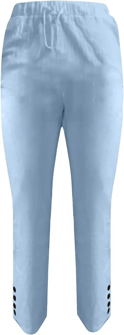 Women's Linen Blend Summer Split Flowy Pant Trousers High Waist Lounge Pants Slim-Fit Pant Trousers Vacation