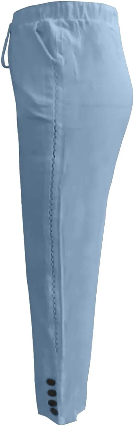 Women's Linen Blend Summer Split Flowy Pant Trousers High Waist Lounge Pants Slim-Fit Pant Trousers Vacation