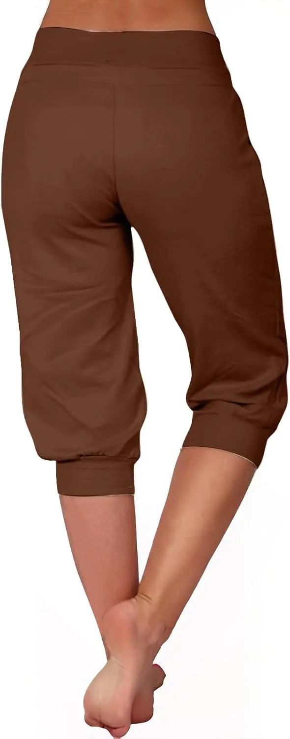 Womens Linen Legging Capri Pants 2025 Wide Leg Cropped Lounge Trousers Drawstring Elastic Waist Summer Beach Pant