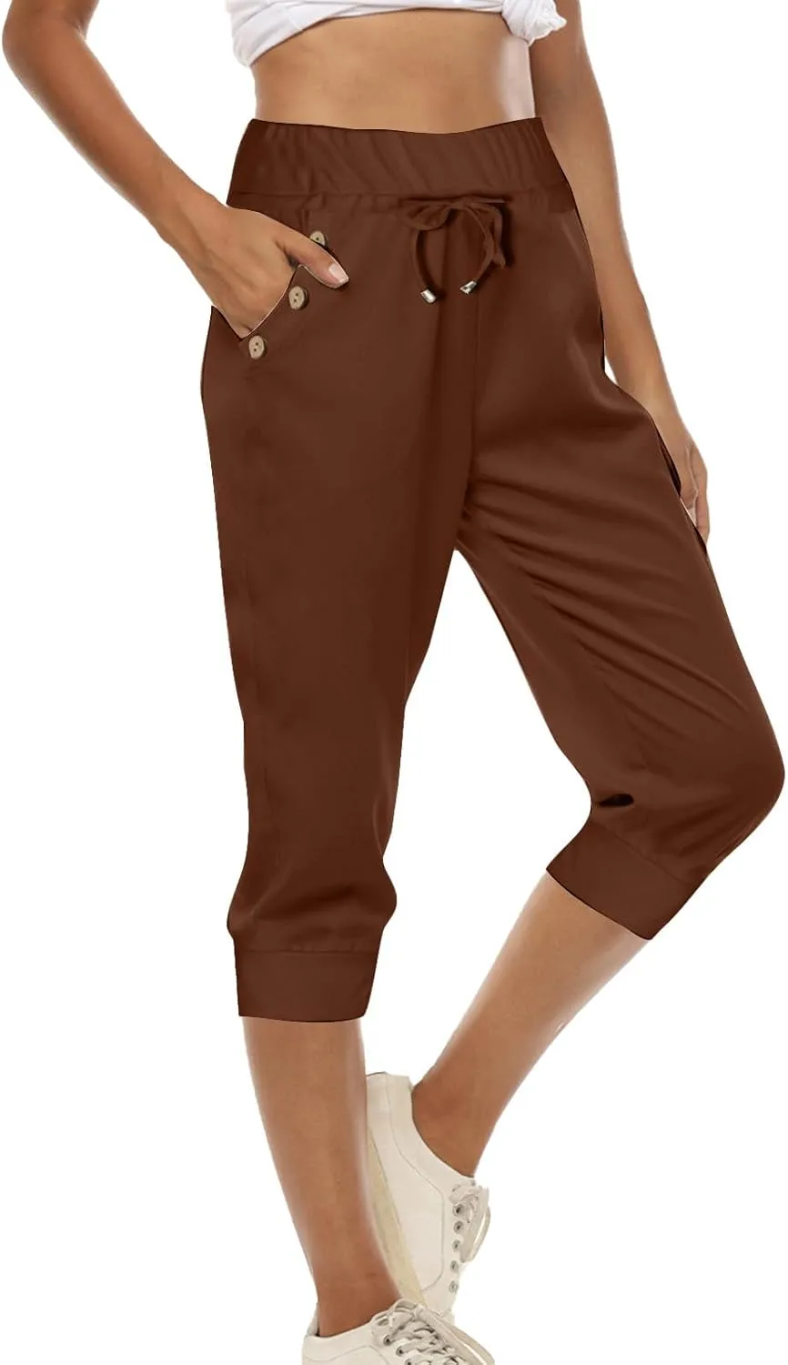 Womens Linen Legging Capri Pants 2025 Wide Leg Cropped Lounge Trousers Drawstring Elastic Waist Summer Beach Pant