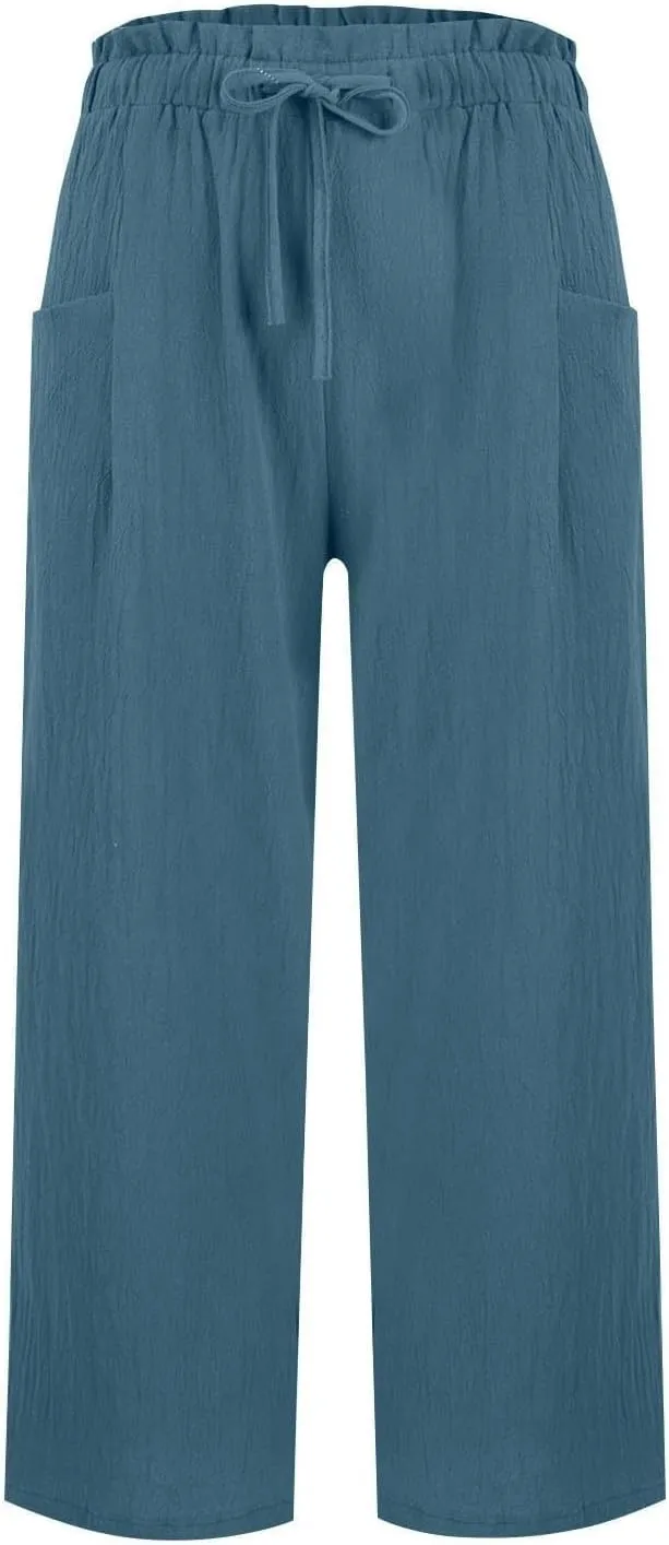Womens Linen Pants 2025 Drawstring Elastic Waist Wide Leg Cropped Lounge Trousers Summer Beach Pant Outfits
