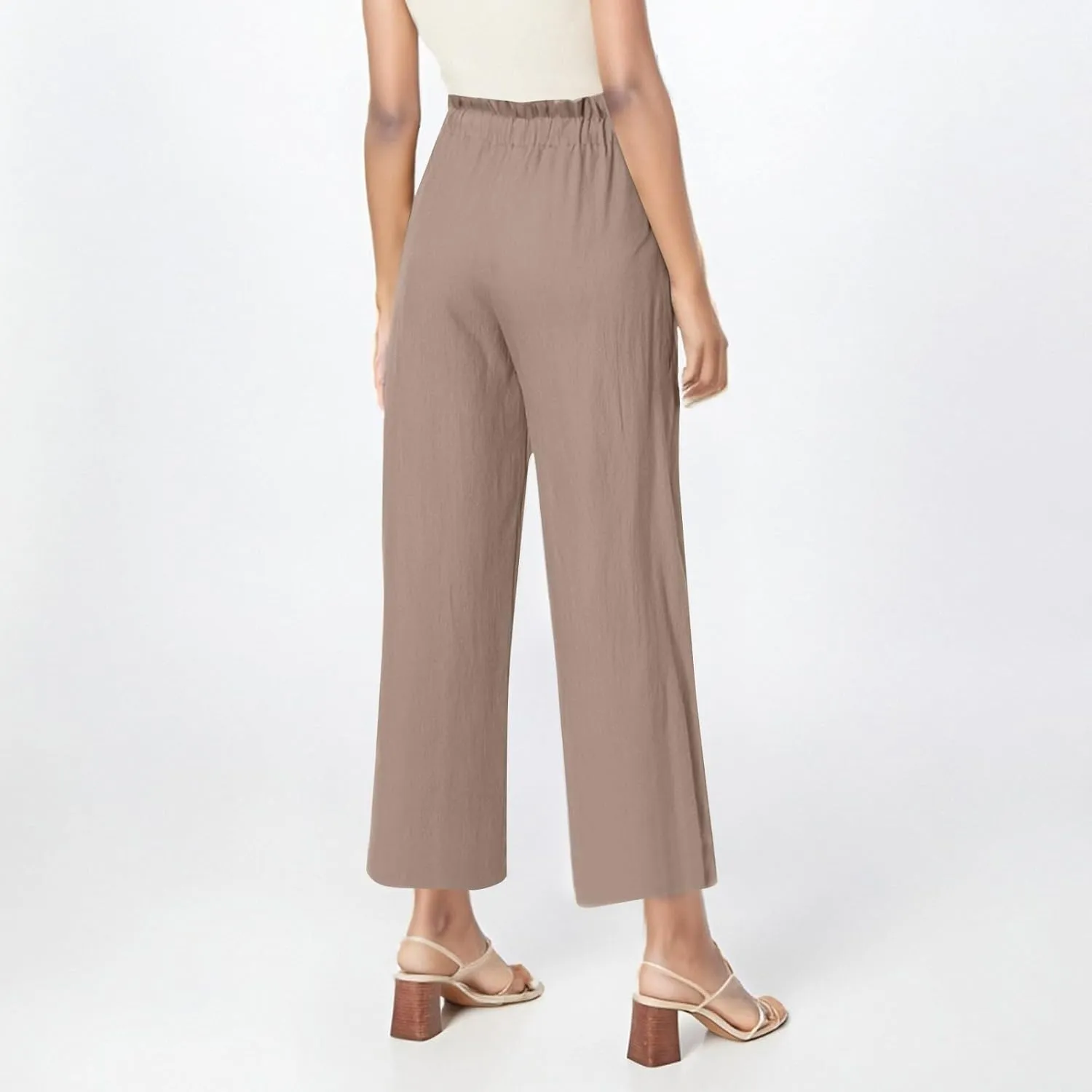 Womens Linen Pants 2025 Drawstring Elastic Waist Wide Leg Cropped Lounge Trousers Summer Beach Pant Outfits