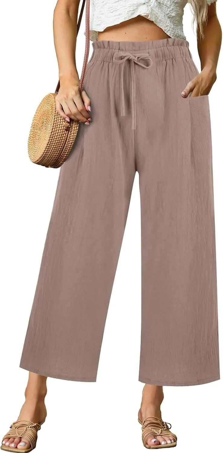 Womens Linen Pants 2025 Drawstring Elastic Waist Wide Leg Cropped Lounge Trousers Summer Beach Pant Outfits