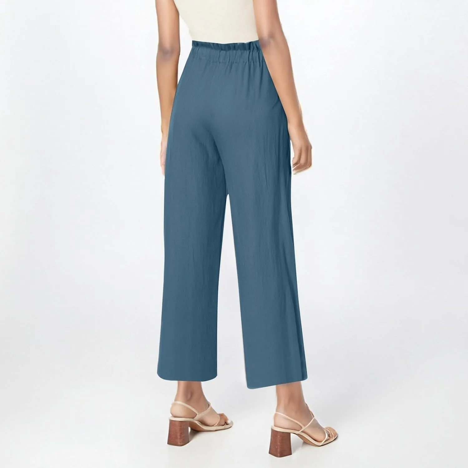 Womens Linen Pants 2025 Drawstring Elastic Waist Wide Leg Cropped Lounge Trousers Summer Beach Pant Outfits