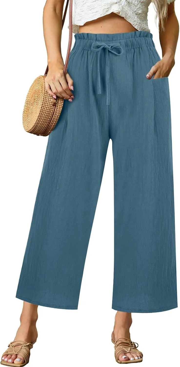 Womens Linen Pants 2025 Drawstring Elastic Waist Wide Leg Cropped Lounge Trousers Summer Beach Pant Outfits