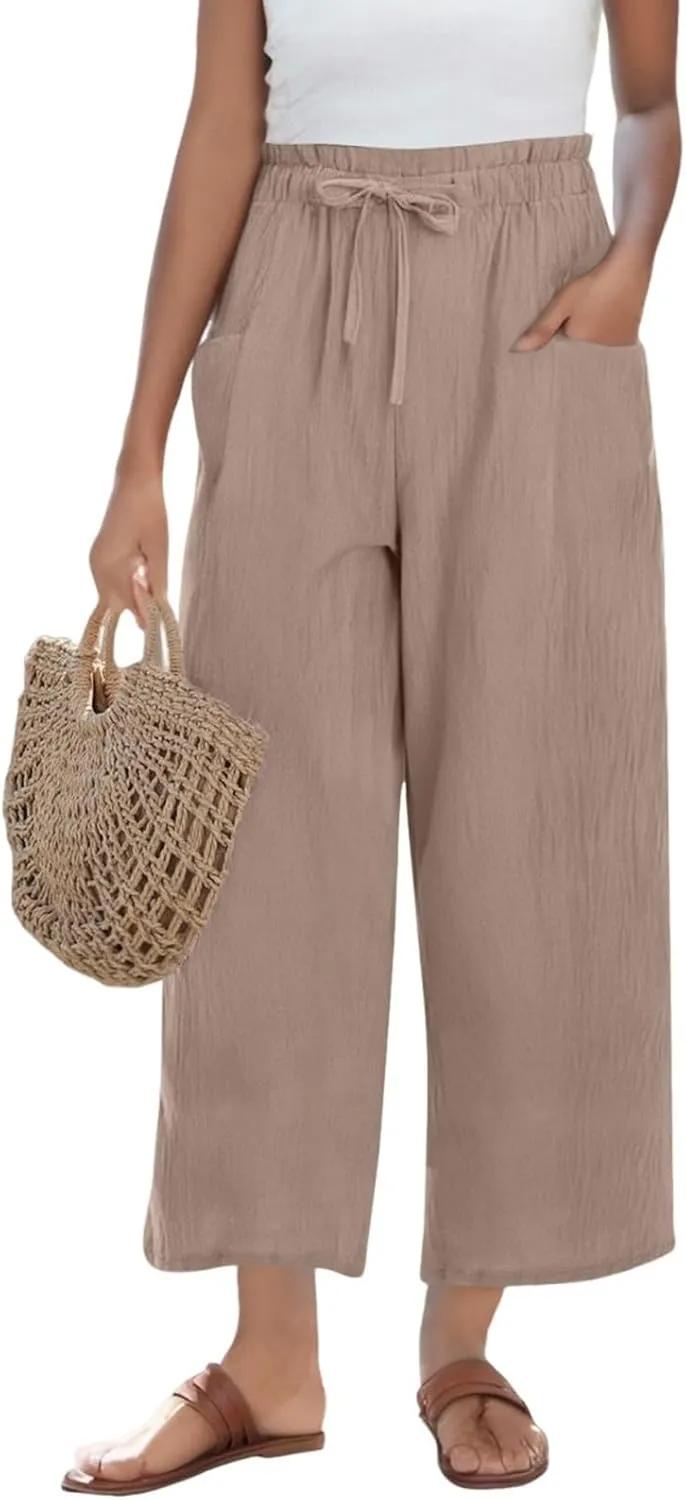 Womens Linen Pants 2025 Drawstring Elastic Waist Wide Leg Cropped Lounge Trousers Summer Beach Pant Outfits