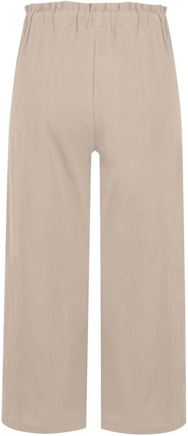 Womens Linen Pants 2025 Drawstring Elastic Waist Wide Leg Cropped Lounge Trousers Summer Beach Pant Outfits