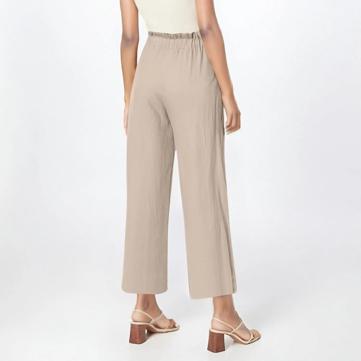 Womens Linen Pants 2025 Drawstring Elastic Waist Wide Leg Cropped Lounge Trousers Summer Beach Pant Outfits