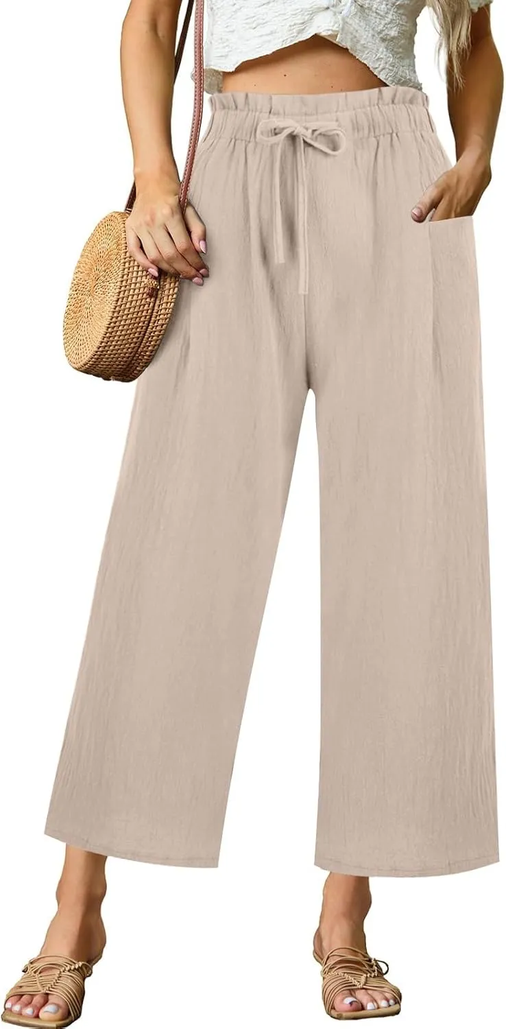 Womens Linen Pants 2025 Drawstring Elastic Waist Wide Leg Cropped Lounge Trousers Summer Beach Pant Outfits