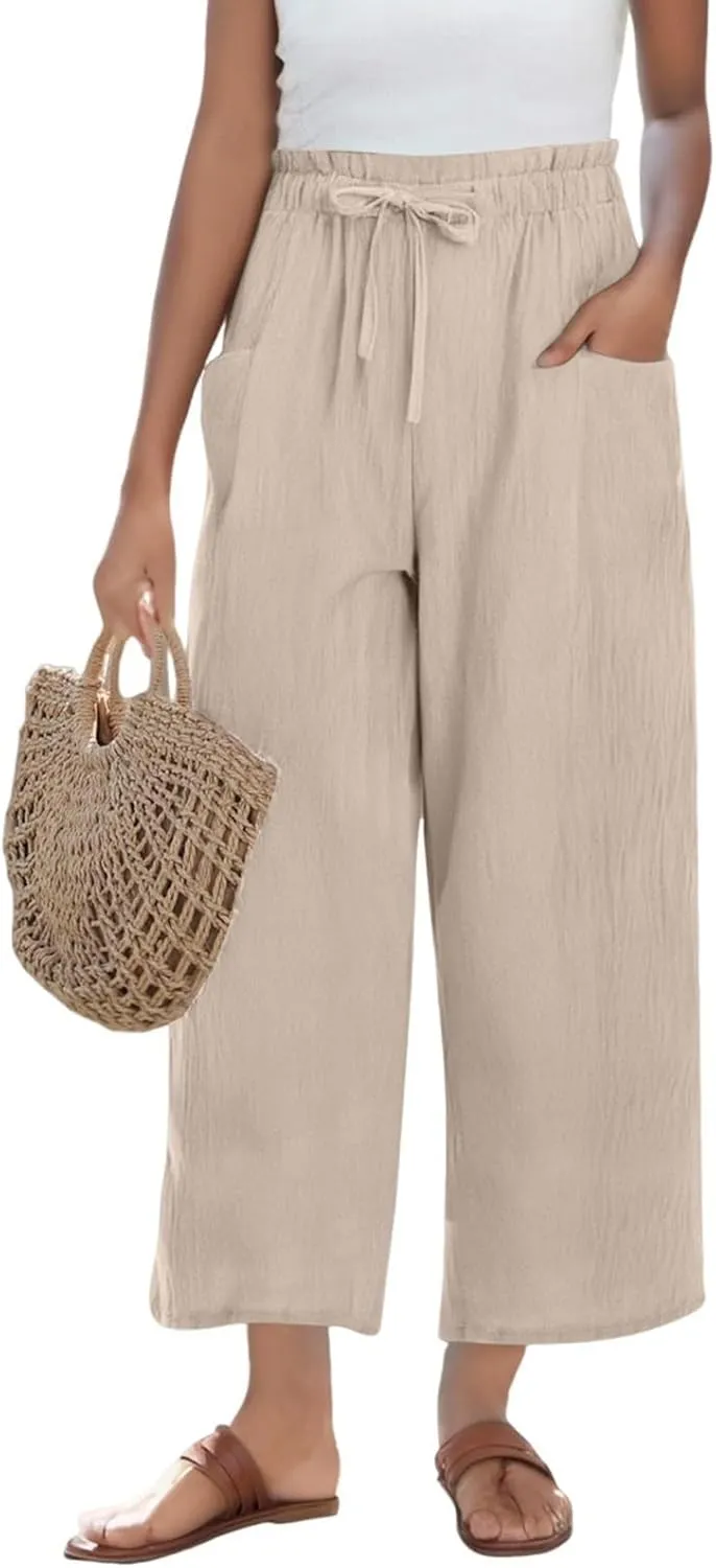 Womens Linen Pants 2025 Drawstring Elastic Waist Wide Leg Cropped Lounge Trousers Summer Beach Pant Outfits