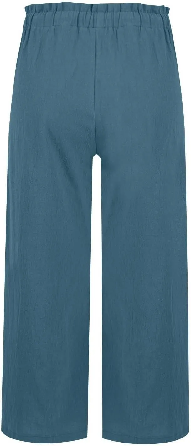Womens Linen Pants 2025 Drawstring Elastic Waist Wide Leg Cropped Lounge Trousers Summer Beach Pant Outfits