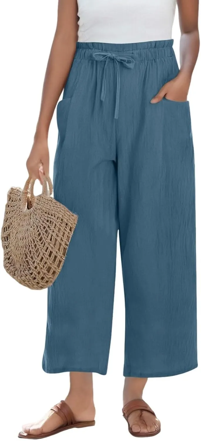 Womens Linen Pants 2025 Drawstring Elastic Waist Wide Leg Cropped Lounge Trousers Summer Beach Pant Outfits