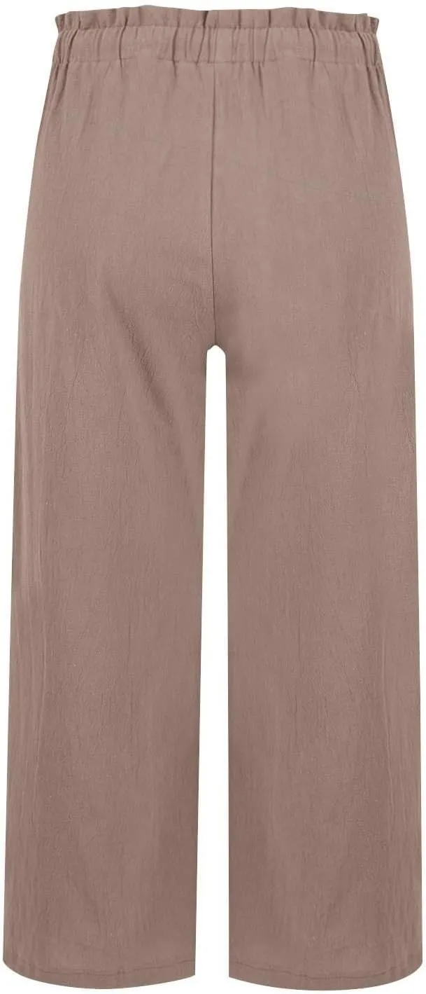 Womens Linen Pants 2025 Drawstring Elastic Waist Wide Leg Cropped Lounge Trousers Summer Beach Pant Outfits