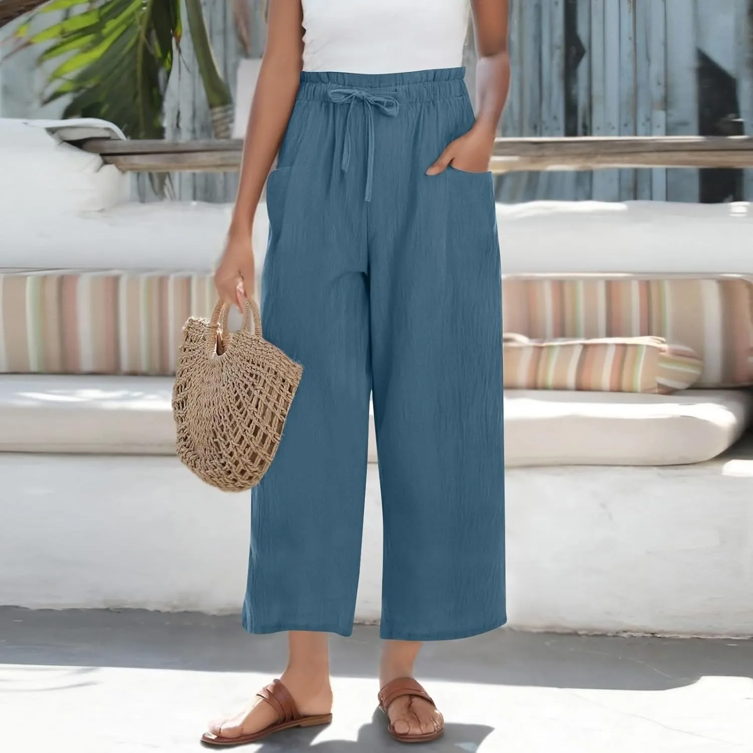 Womens Linen Pants 2025 Drawstring Elastic Waist Wide Leg Cropped Lounge Trousers Summer Beach Pant Outfits